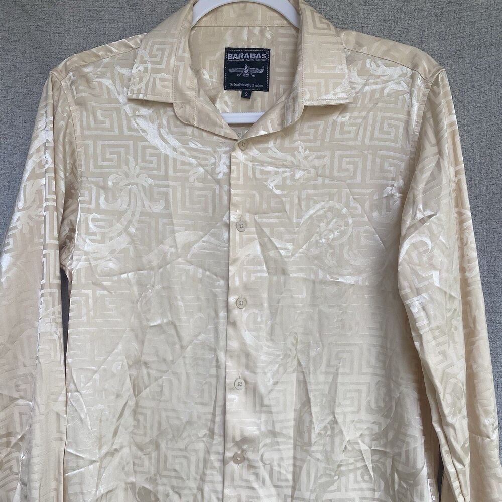 Barabas Mens Shirt Small Champagne Gold Greek Key Jacquard Satin Luxury Y2K